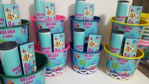 Kit Balde de Pipoca + Domino + Pega Varetas Baby Shark
