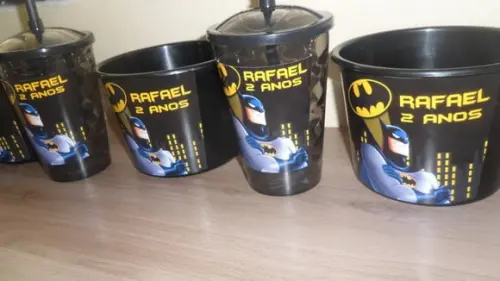 Kit Balde de Pipoca de 1,5 Litro + Copo Tampa Canudo Batman