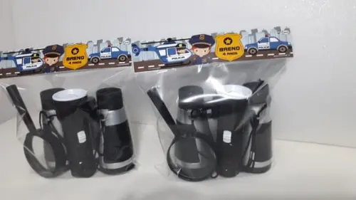 Kit Binoculo Prata + Lanterna + Lupa Tema Policial