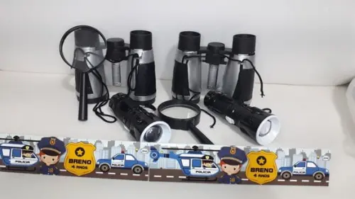 Kit Binoculo Prata + Lanterna + Lupa Tema Policial