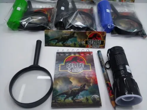 Kit Bloquinho + Mini Lápis + Lanterna + Lupa Dinossauro