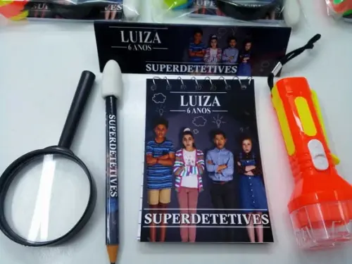 Kit Bloquinho + Mini Lápis + Lanterna + Lupa Superdetetives