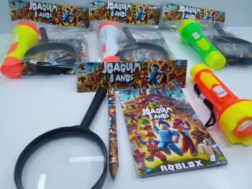 Kit Bloquinho + Mini Lápis + Lanterna Tema Roblox