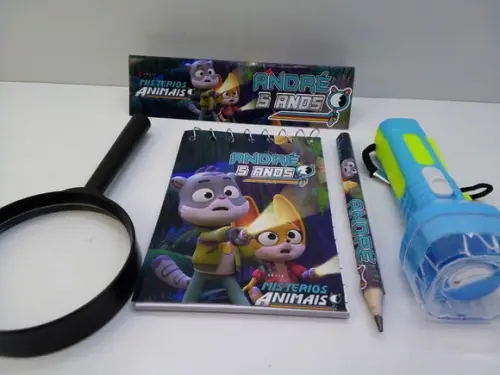 Kit Bloquinho + Mini Lápis+lanterna+lupa Misterios Animais