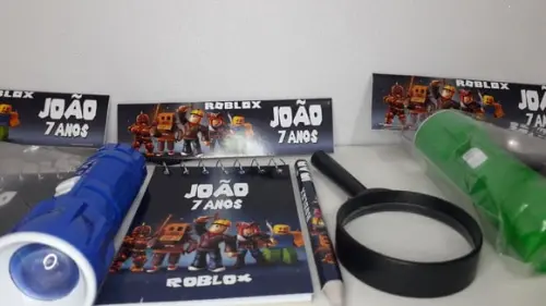 Kit Bloquinho + Mini Lápis+lanterna+lupa Tema Roblox