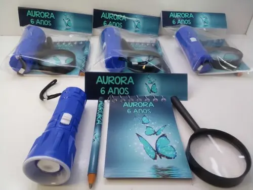 Kit Bloquinho + Mini Lápis+lanterna+lupa Tema Borboletas