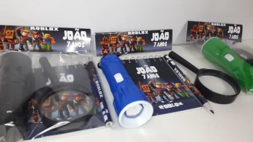 Kit Bloquinho + Mini Lápis+lanterna+lupa Tema Roblox