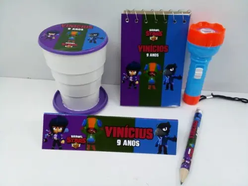 Kit Bloquinho+mini Lápis+lanterna+copo Retrátil Brawl Stars