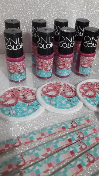 Kit Esmalte + Lixa + Algodão Redobdo Tema Flamingo
