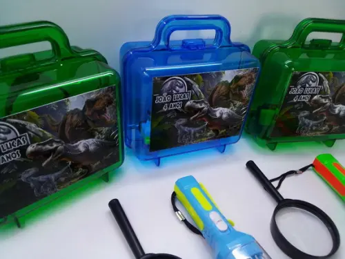 Kit Maletinha Acrilica Lanterna e Lupa Tema Dinossauros