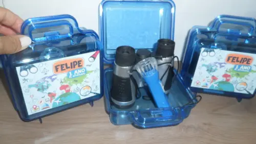 Kit Maletinha Binoculo Prata e Lanterna