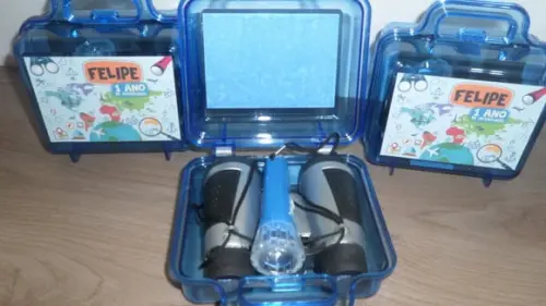 Kit Maletinha Binoculo Prata e Lanterna