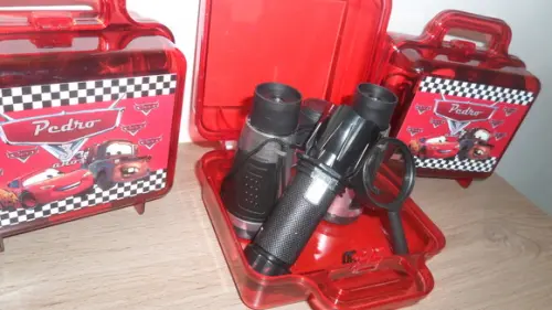 Kit Maletinha Binoculo Prata + Lupa + Lanterna Carrros
