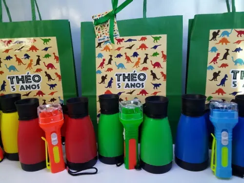 Kit Sacolinha + Binóculo + Lanterna + Lupa Tema Dinossauros