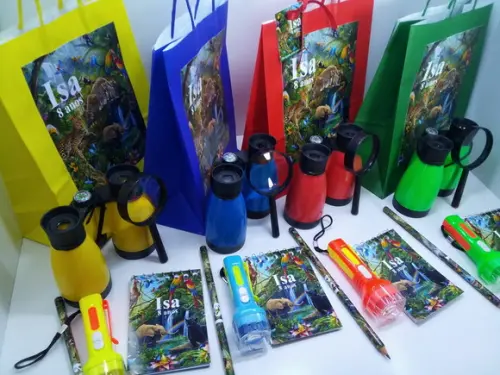 Kit Sacolinha+binoculo+lanterna+lupa+bloquinho+ Lápis