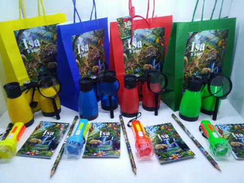 Kit Sacolinha+binoculo+lanterna+lupa+bloquinho+ Lápis