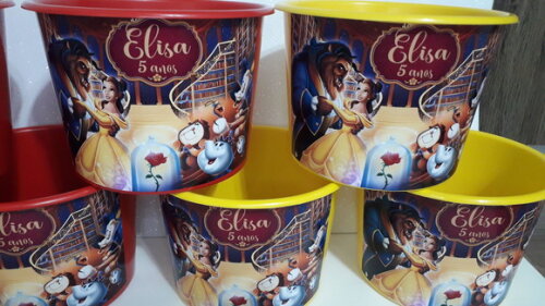 Lembrancinha a Bela e a Fera Balde de Pipoca 1,5l Personalizado