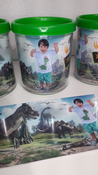 Caneca Acrilica para Foto Tampa de Rosquear Tema Dinossauro
