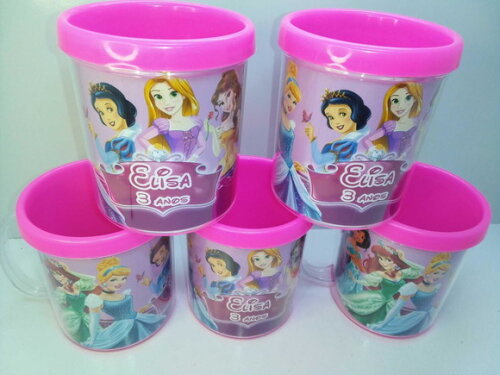 Lembrancinha Princesas Caneca Acrilica para Foto Tampa de Rosquea