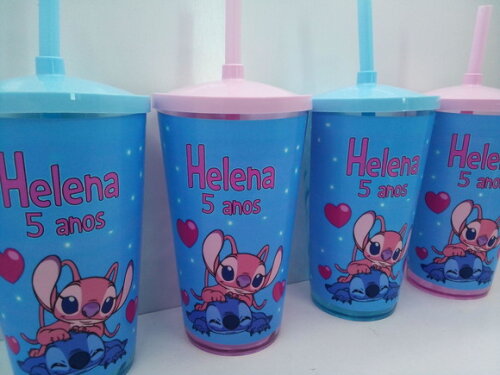 Lembrancinha Stitch e Angel Copo com Tampa e Canudo 500 ml