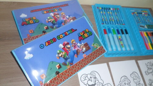 Lembrancinha Mario Estojo de Colorir com 4 Desenhos Kit com 46 Pe