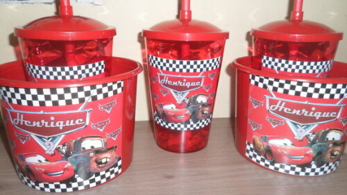 Lembrancinha Carros Kit Balde de Pipoca de 1,5 Litro + Copo Tampa e Canudo 500ml