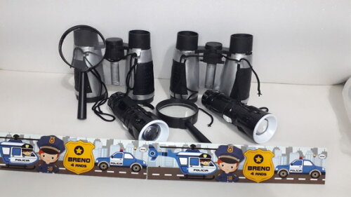 Kit Binoculo Prata + Lanterna + Lupa Tema Policial