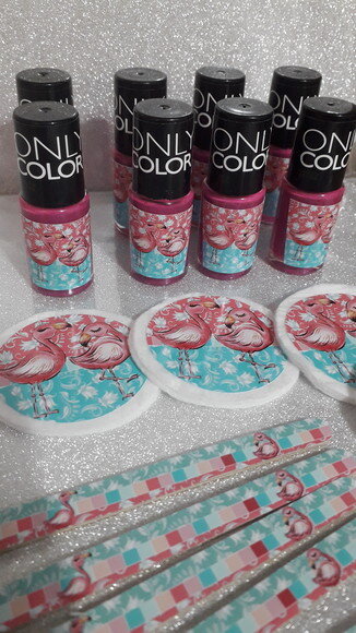 Kit Esmalte + Lixa + Algodão Redobdo Tema Flamingo