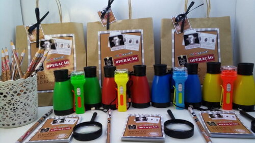 Kit Sacolinha+binoculo+lanterna+lupa+bloquinho+ Lápis