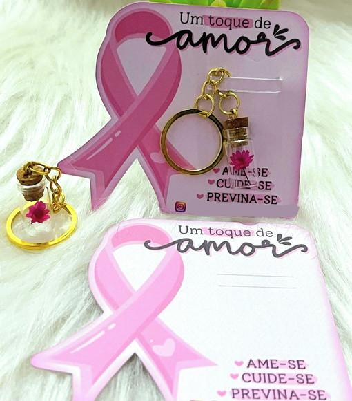 Card com Chaveirinho com Florzinha Sempre Viva- Outubro Rosa