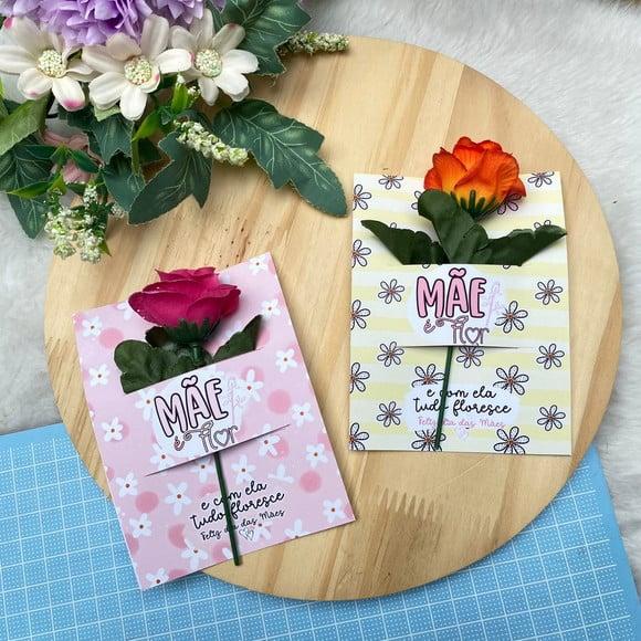 Card com Flor Artificial- Dia das Mães