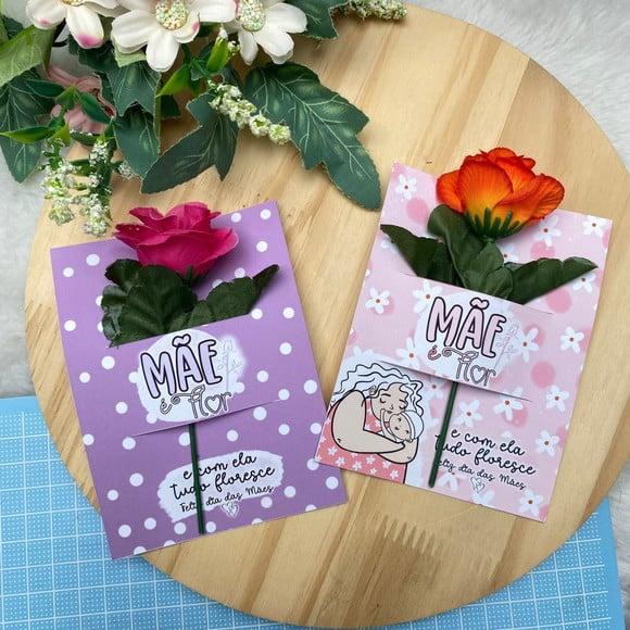 Card com Flor Artificial- Dia das Mães