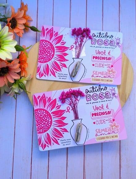 Card com Semente de Girassol e Florzinha- Outubro Rosa