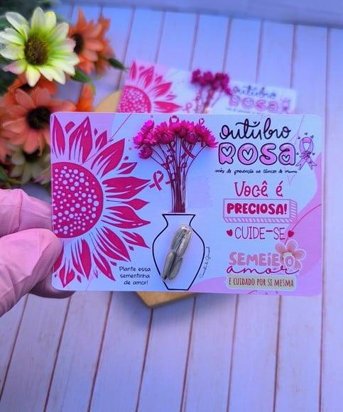 Card com Semente de Girassol e Florzinha- Outubro Rosa