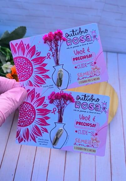 Card com Semente de Girassol e Florzinha- Outubro Rosa