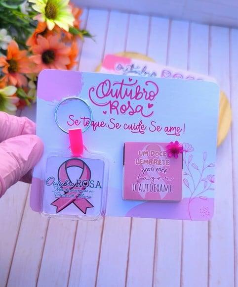 Card com Tablete Cacau Show 5g e Chaveiro- Outubro Rosa
