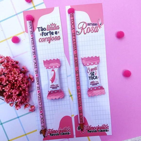 Cartão com Balinha e Lápis ou Caneta- Outubro Rosa