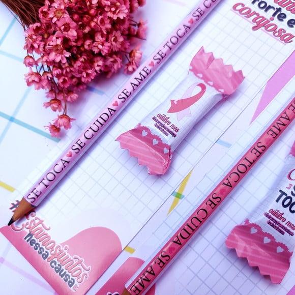 Cartão com Balinha e Lápis ou Caneta- Outubro Rosa