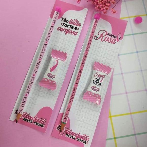 Cartão com Balinha e Lápis ou Caneta- Outubro Rosa