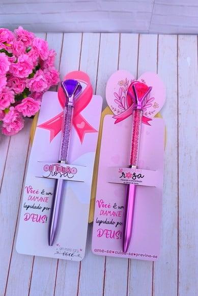 Cartão com Caneta Diamante- Outubro Rosa