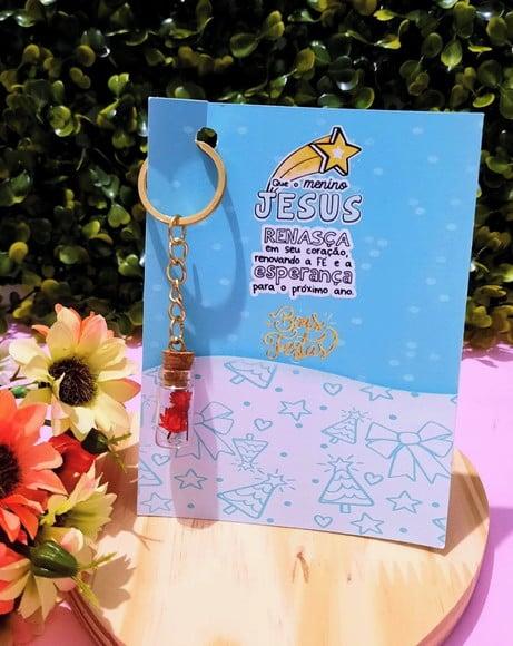 Cartão com Chaveirinho e Florzinha Sempre Viva- Natal Cristã