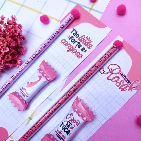 Cartão com Lápis ou Caneta e Balinha- Outubro Rosa