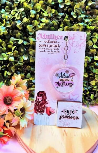 Cartão com Tablete Cacau Show 5g e Chaveiro- Dia da Mulher