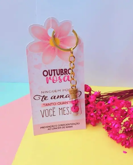 Card com Chaveirinho com Florzinha- Outubro Rosa