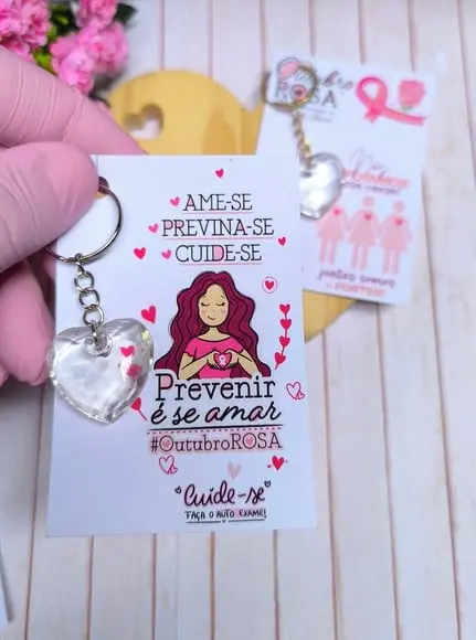 Card com Chaveirinho Coração- Outubro Rosa