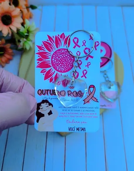 Card com Chaveirinho Coração- Outubro Rosa