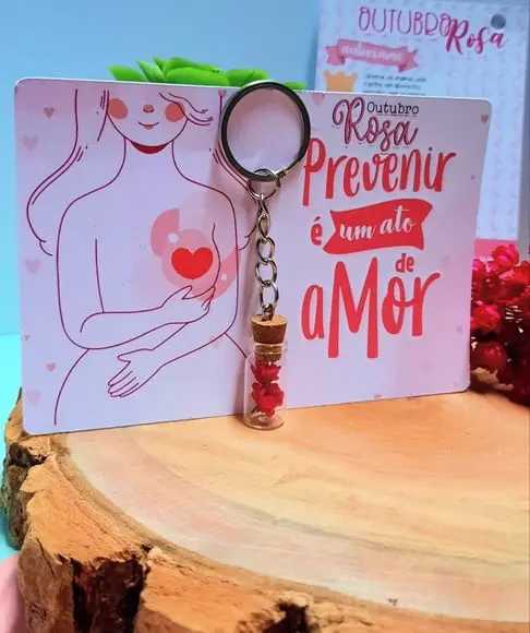 Card com Chaveirinho de Florzinha- Outubro Rosa