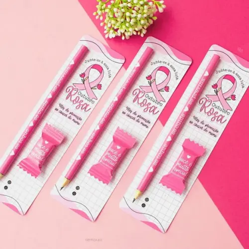 Card com Lápis ou Caneta e Balinha- Outubro Rosa