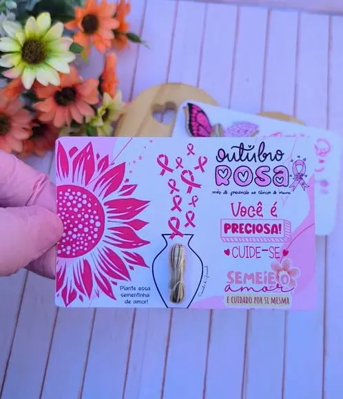 Card com Semente de Girassol- Outubro Rosa