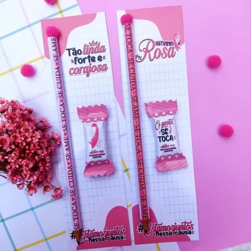 Cartão com Balinha e Lápis ou Caneta- Outubro Rosa